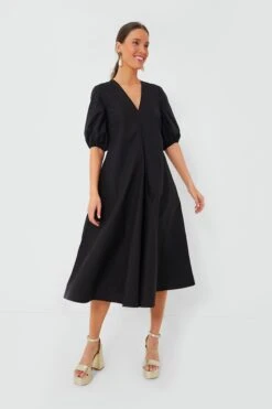 Ganni Black Cotton Poplin V-Neck Long Dress
