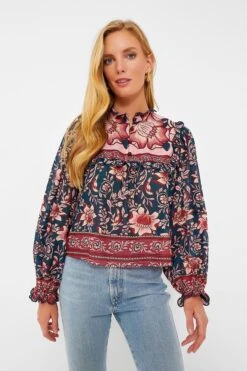 Farm Rio Teal Ainika Charm Long Sleeve Blouse