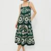 Green Charlough Print Sleeveless Embroidered Dress