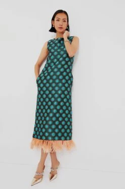 Jacquard Winter Sun Column Dress With Feathers