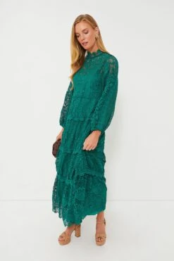 Farm Rio Dark Green Guipure Long Sleeve Maxi Dress