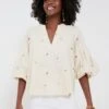 Tan Embroidered Blooms Blouse